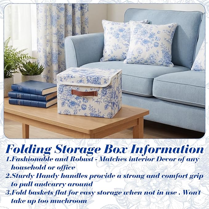 2 Pack Blue Floral Storage Bin with Lids Handles Large Blue and White Porcelain Storage Boxes 10x8x7 Inch Foldable Fabric Basket Decorative Cube Organizer for Clothes Nursery Home Dorm