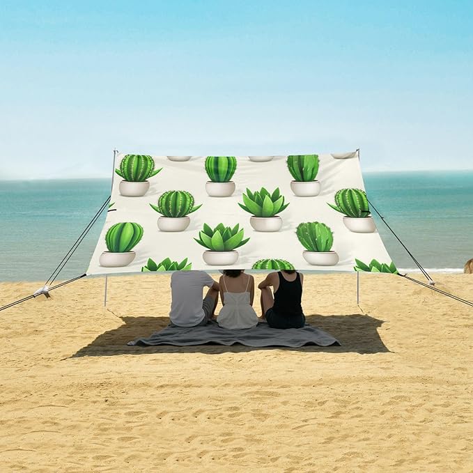 xigua Cactus Beach Tent Sun Shelter with Carrying Bag - Silver Coated Oxford Fabric Beach Canopy for Beach Camping Fishing - Includes Windproof Ropes Sandbags &amp Stakes