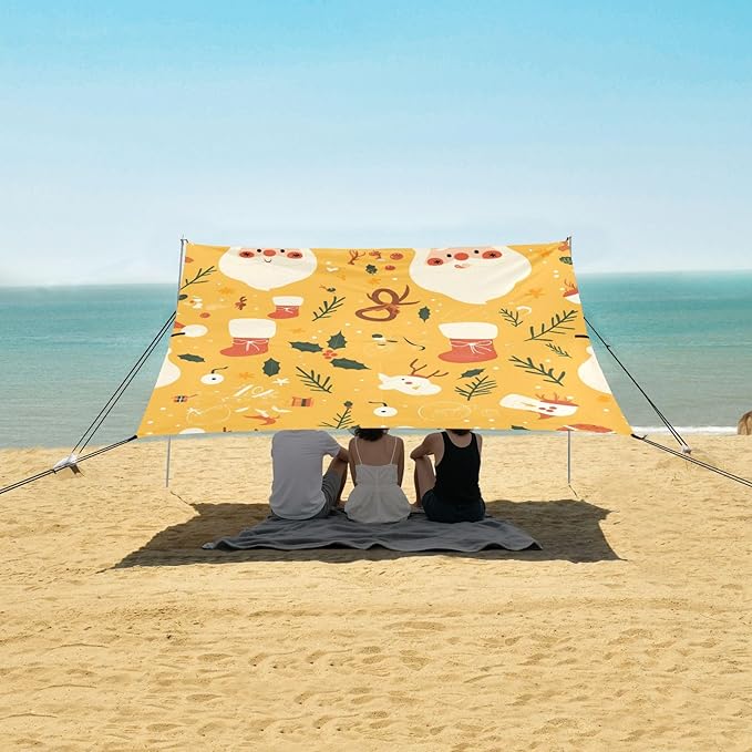 Ho Ho Ho Pattern Funny Christmas Amber Beach Tent UPF50+ Easy Setup Sun Shelter with Sand Shovel for Camping Fishing Backyard Fun