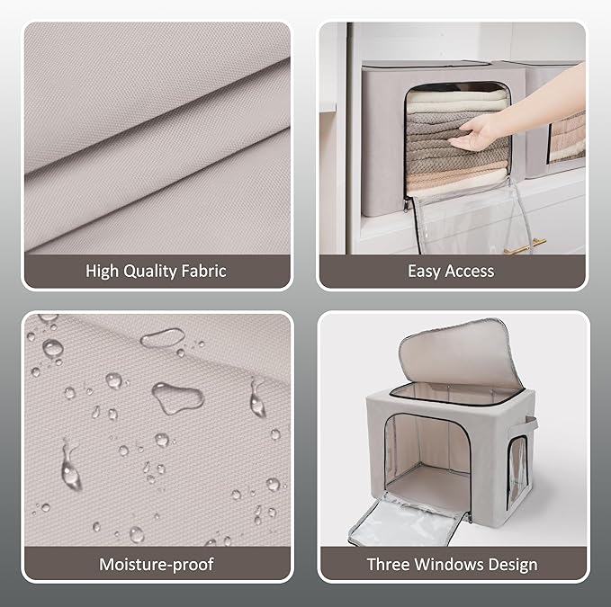 GuliPostan 3 Pack 40L Stackable Clothes Storage Bins with Metal Frame Handles &amp Zipper Collapsible Closet Organizer Box with Lid for Bedding Blankets Towel (Light Grey)