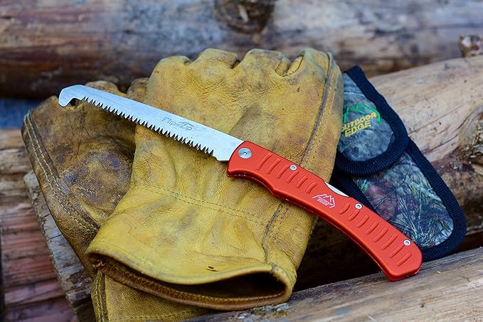 Outdoor Edge 4.4 Flip N' Zip Saw - Lightweight Folding Aluminum Handle Outdoor-Hunting Saw with 65Mn Spring Steel Blade and Triple Ground Teeth for Bone and Wood with Nylon Sheath