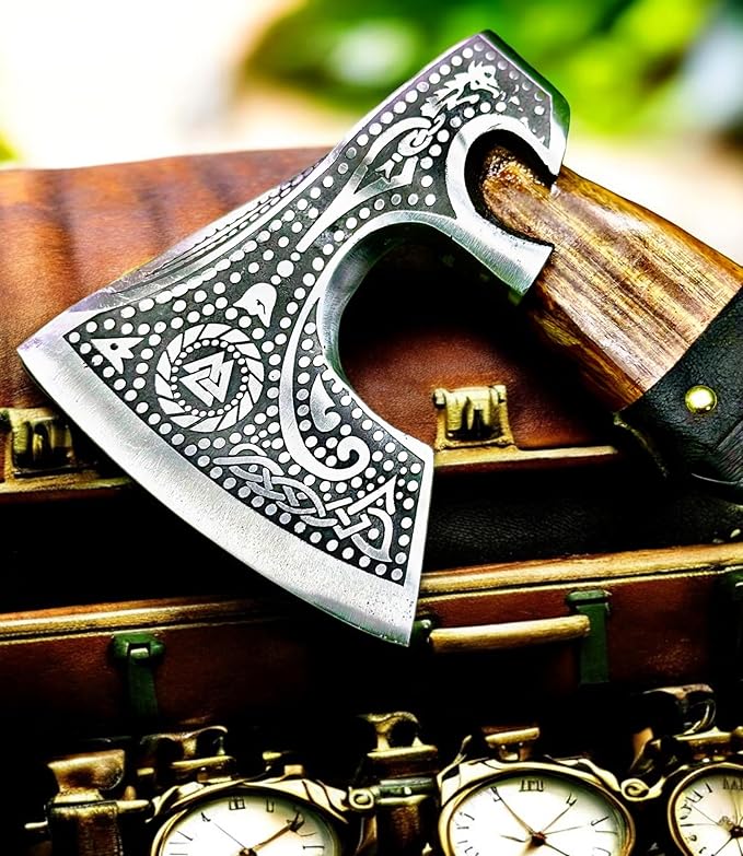 Poshland AX-7000 Custom Gift Forged Carbon Steel Viking Axe with Rose Wood Shaft Viking Bearded Camping Axe (AX-7000) (AX-7091)