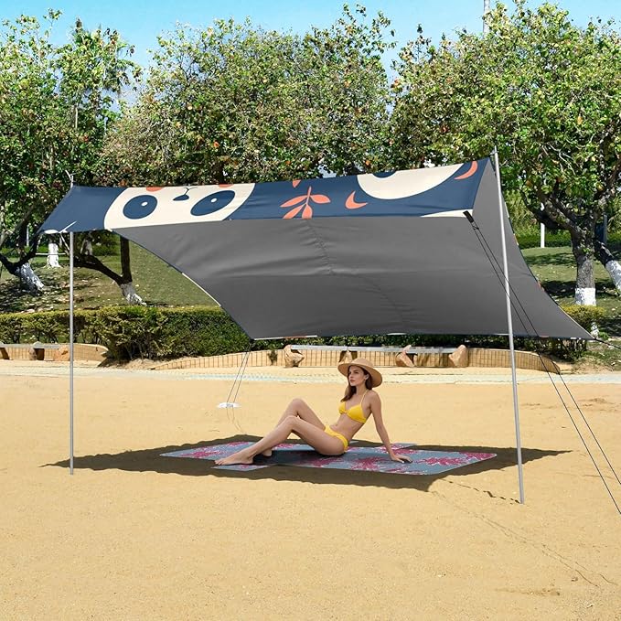 Cute Panda Faces Foldable Beach Tent UPF50+ Protection Lightweight Shade Sun Shelter with Sturdy Poles Sandbags and Shovel for Camping Picnics Backyard &amp Fishing
