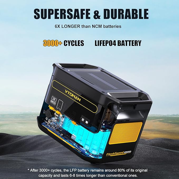 VTOMAN FlashSpeed 1000 Portable Power Station with Jumper Cables 828Wh LiFePO4 Solar Generator &amp Car Jump Starter 1H Fast Charging 2000W Peak for Home Backup Camping Roadside Emergencies