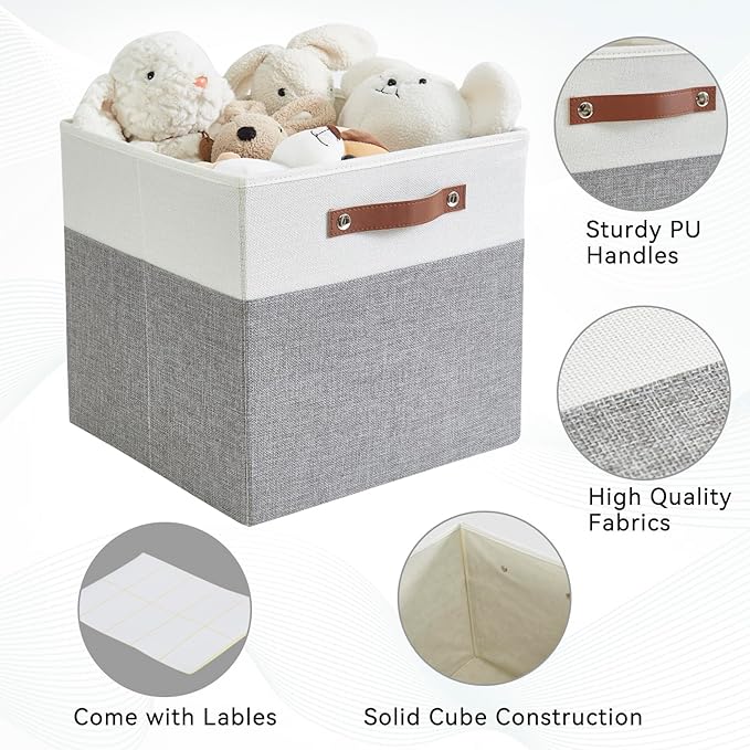 Collapsible Fabric Storage Cube Bins with 2 Reinforced PU Handles Foldable Storage Organizer Baskets for Closet Shelves Living Room | 13x13x13 4 Pack Gray &amp White