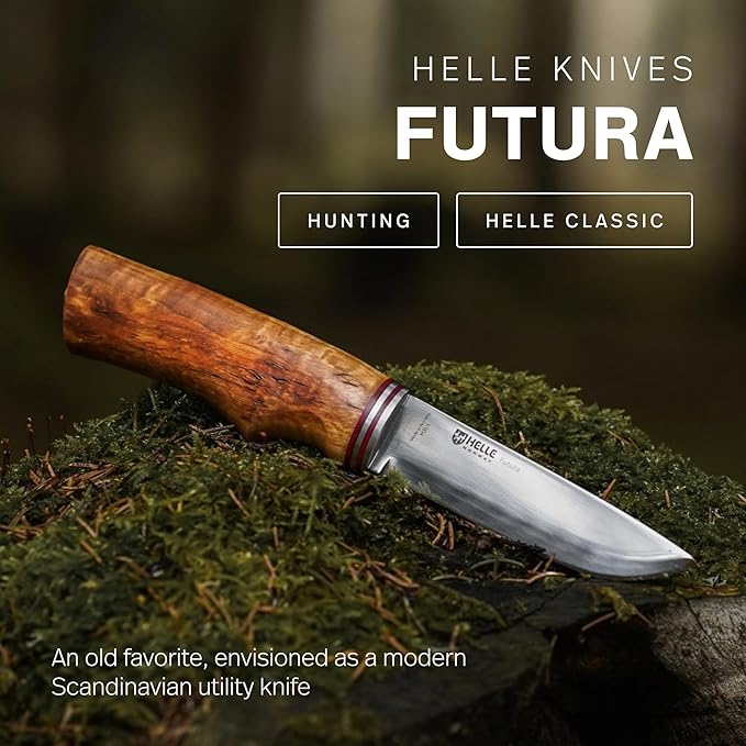 HELLE Knives - Futura - Outdoor Adventure Camping Knife with Sheath Triple Laminated Stainless Steel Fixed Blade Curly Birch Handle Made in Norway