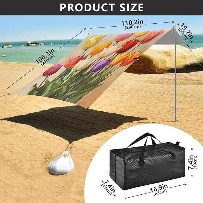 ALAZA Vintage Oil Painting Colorful Tulips Beach Tent Sun Shelter Portable Canopy Sunshade for Outdoor Camping Picnics Backyard Fun 10x9 ft