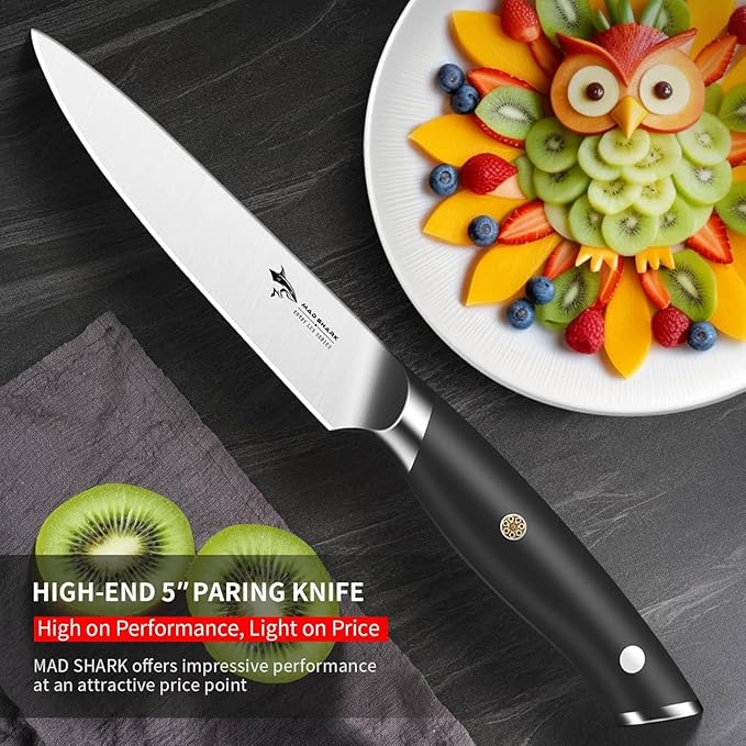 MAD SHARK 5 inch Paring Knife Small Kitchen Knives Ergonomic Handle Ultra Sharp Fruit Knife for FruitsVegetables Forged Synergy by German Stainless Steel