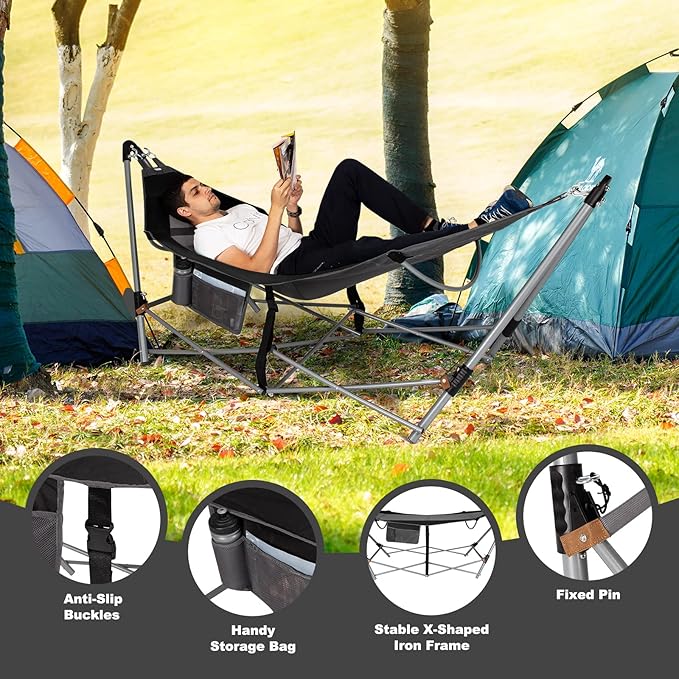 Portable Folding Hammock w/Side Pocket Lounge Camping Bed w/Metal Stand &amp Anti-tip Buckles Outdoor Camping Hammock with Carrying Bag for Patio Garden Yard Easy Assembly (Black)