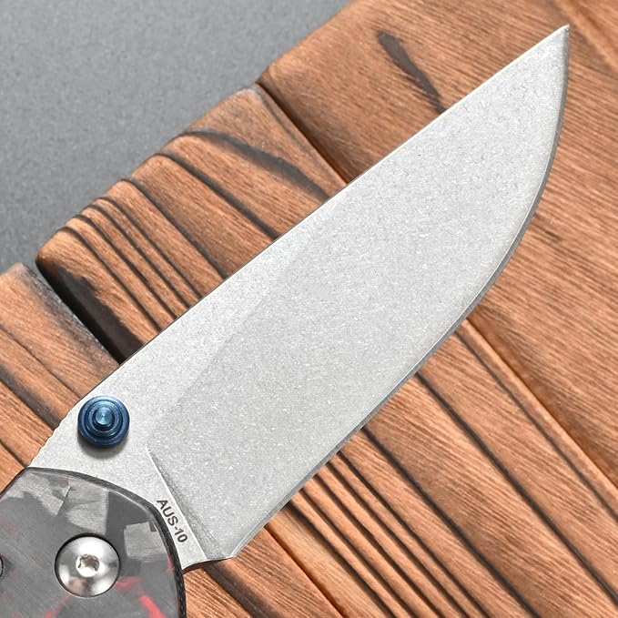 FF23 Folding Knife AUS-10 Steel Blade Carbon Fiber Handle with Pocket Clip for Men Women Outdoor Camping Fishing Working Survival(Red)
