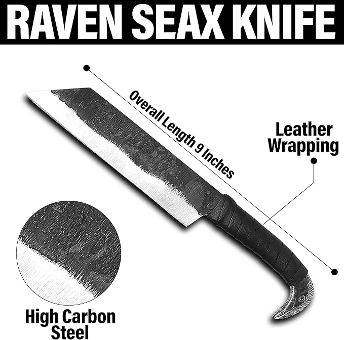 Odin's Raven Viking-styled Seax Knife 10.4 - Hand Forged 6.3 Carbon Steel Blade Raven's Head Hilt and 2 Genuine Leather Sheaths - Unique Medieval Style - Norse Knife for Hunting &amp Camping