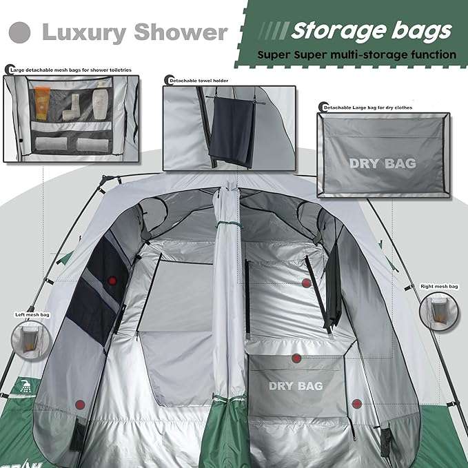 Camping Shower Tent Deluxe Changing Room Easy Set Up Privacy ShelterLarge Toilet Tent with Floor Drain Design for Beach CampingHiking with Stakes and Ropes for Stability