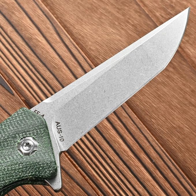 FF4 Folding Knife AUS-10 Steel Blade Micarta Handle Knife for Outdoor Camping Hunting Fishing Survival(Green)