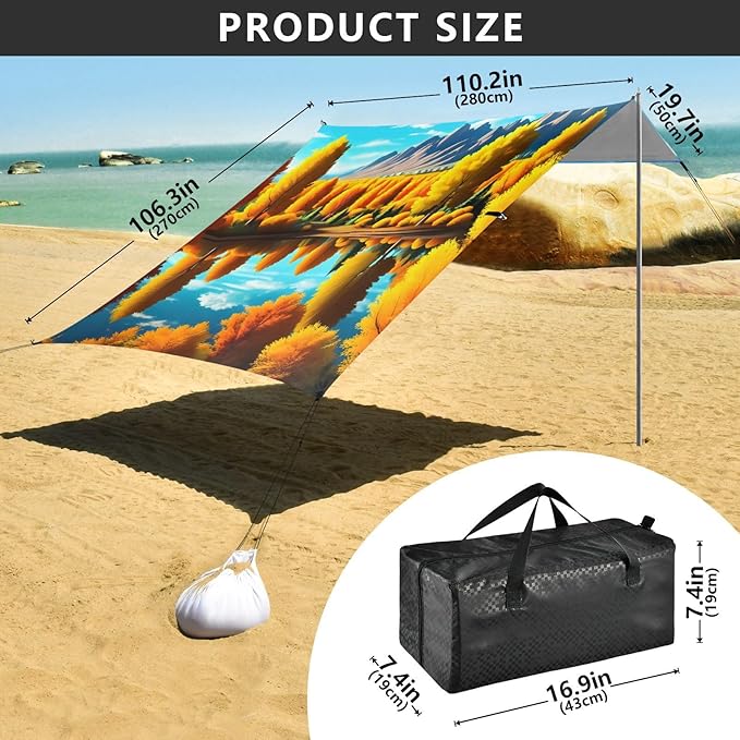 Beach Canopy with Windproof Ropes &amp Sandbags Beach Tent Sun Shade Sun Shelter for Camping Trips Fishing Backyard Fun or Picnics Autumn
