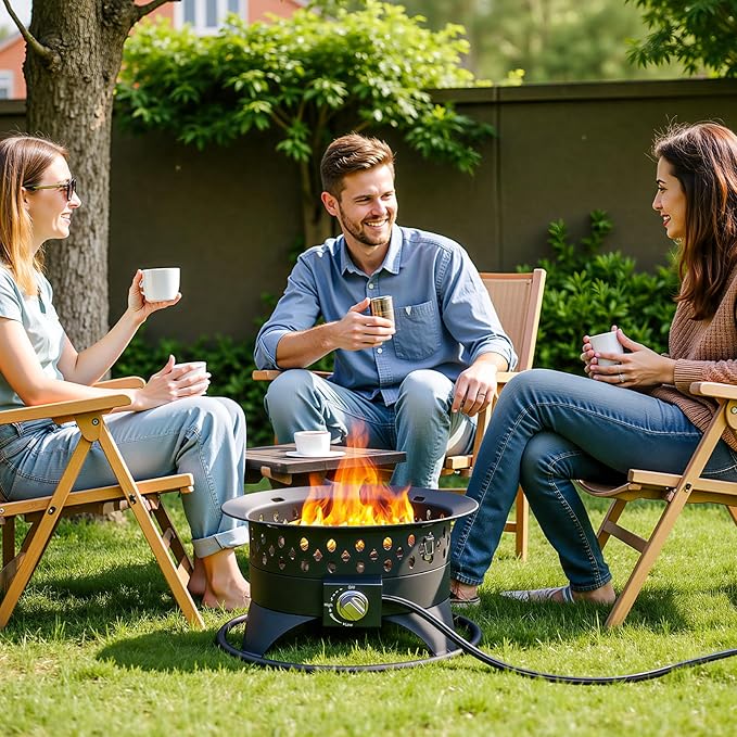 Breezz 20 Inch Propane Fire Pit with Grill 60000 BTU Smokeless Gas Firepit for Outside Patiowith Foldable Cooking Grate &amp 7 lbs Lava Rocks Adjustable Flame Outdoor Camping BBQ
