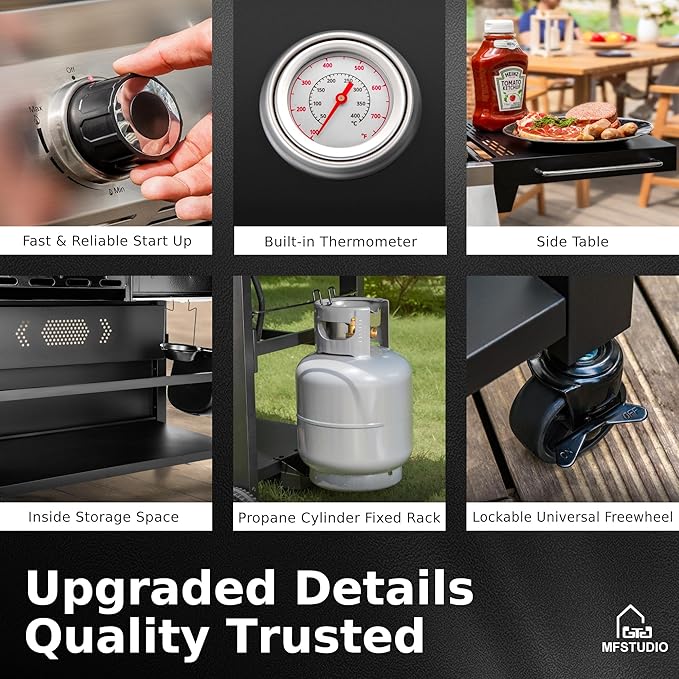 MFSTUDIO 5 Burner Gas Grill Griddle Combo with Porcelain-Enameled Cast Iron GratesCutting Board and Double Lids Duel-Function Propane BBQ Grills with Flat Top Grddle for Outdoor Barbecue Cooking