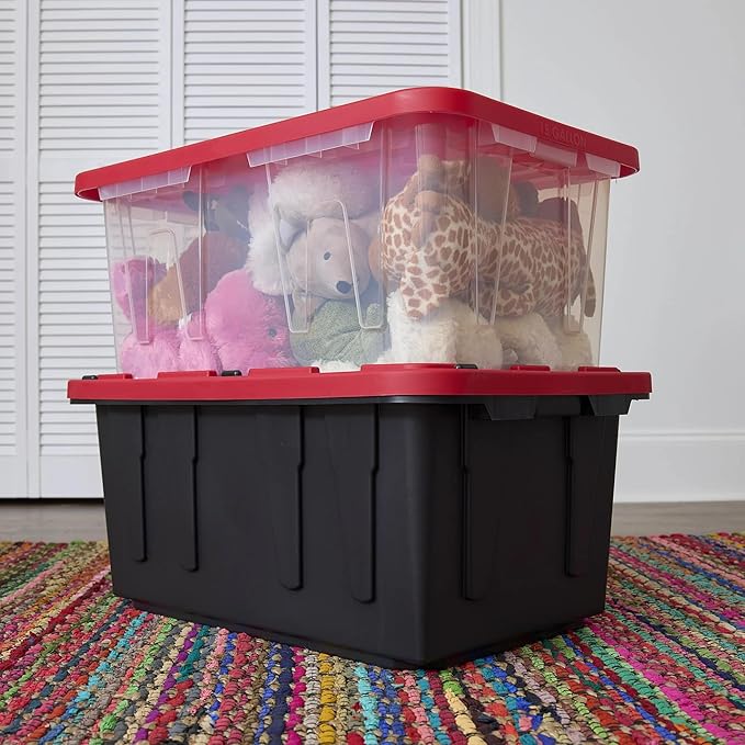 Heavy Duty 15 Gallon Storage Bin with Secure Snap Lid Clear Base and Red Lid for Home Organization Closet Garage