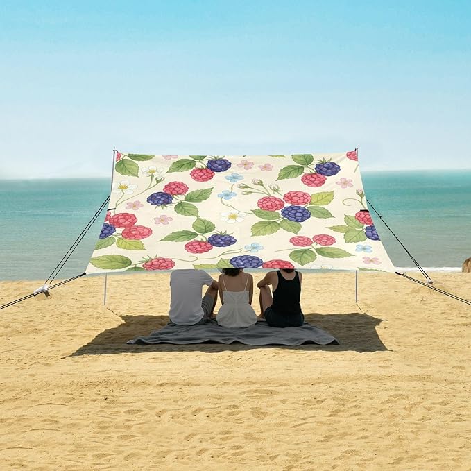 xigua Raspberry Beach Tent Sun Shelter with Carrying Bag - Silver Coated Oxford Fabric Beach Canopy for Beach Camping Fishing - Includes Windproof Ropes Sandbags &amp Stakes