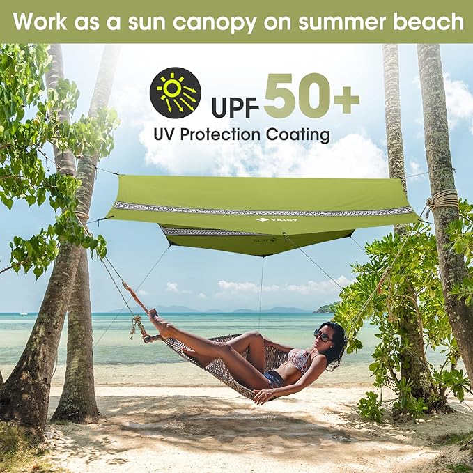 VILLEY Hammock Tent Rain Fly Octagonal Waterproof Camping Tarp Sun Shelter for Camping Backpacking Hiking Accessory Includes Stakes Ropes and Carry Bag (Green)