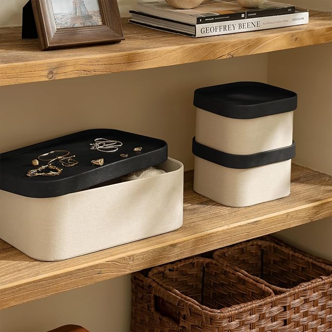 LA JOLIE MUSE Fluted Cardboard Storage Baskets with Leather-Like Lids Sturdy Stackable Paper Boxes Decorative Tray Black &amp Beige Set of 3