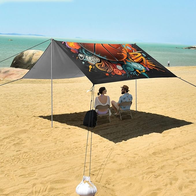 xigua Basketball Beach Tent Sun Shelter with Carrying Bag - Silver Coated Oxford Fabric Beach Canopy for Beach Camping Fishing - Includes Windproof Ropes Sandbags &amp Stakes