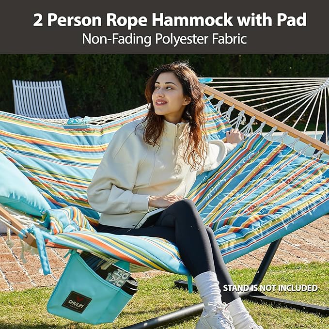 CHULIM Outdoor Double Hammock with Hardwood Spreader Bars Large Rope Hammock with Polyester Pad and Pillow 475 LBS Capacity for 2 Person Patio Backyard Poolside - Bule Stripe