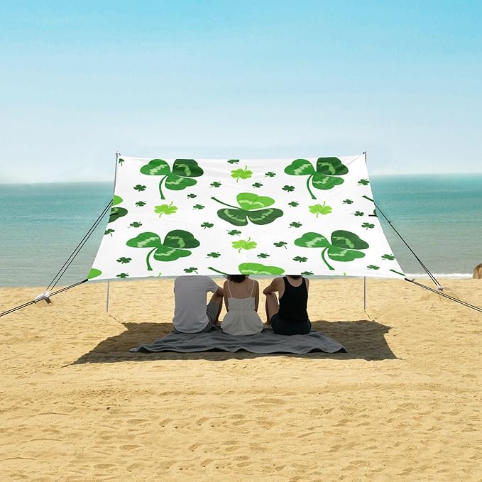 Beach Canopy with Windproof Ropes &amp Sandbags Beach Tent Sun Shade Sun Shelter for Camping Trips Fishing Backyard Fun or Picnics St. Patrick's Day Clover