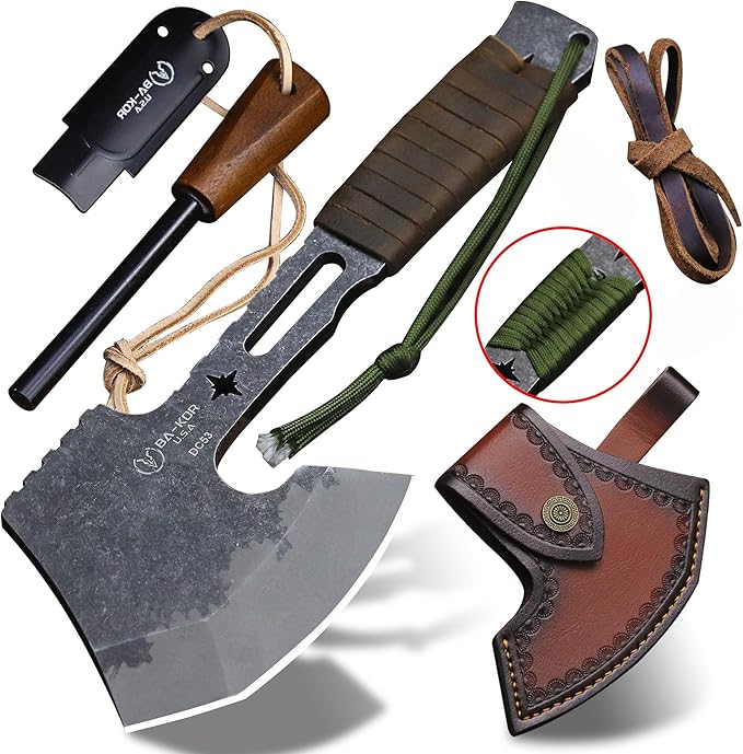 BA-KOR 12.2-inch DC53 Steel 10mm Thick Multi-Functional Survival Axe for Camping EDC Tool Jungle Logging Axe + Axe Sheath (5.9in) Cerium igniter