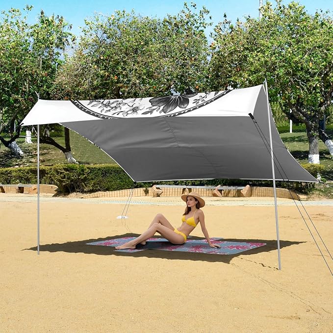 Peonies Delphinium Butterflies Bees White Foldable Beach Tent UPF50+ Water-Resistant Large Portable Sun Shelter with Carrying Bag for Camping Trips Fishing Backyard Fun or Picnics
