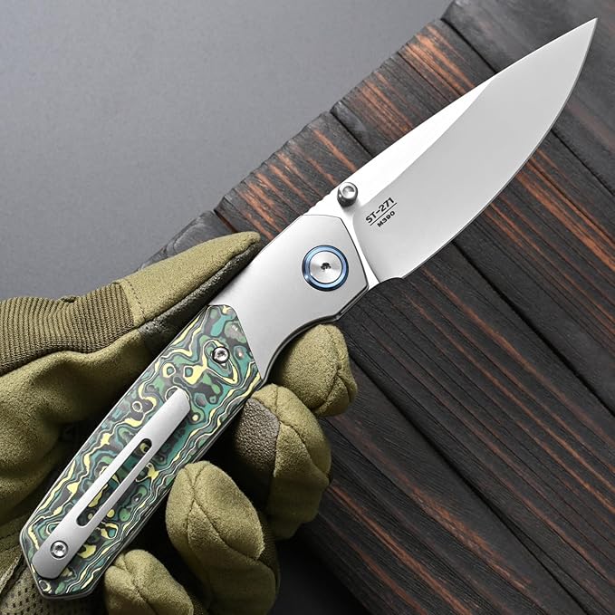 Sitivien ST271 Folding Knife M390 Steel Blade Titanium &amp Carbon Fiber Handle Knife with Pocket Clip for Men Women Outdoor Camping Hiking Survival(Green)