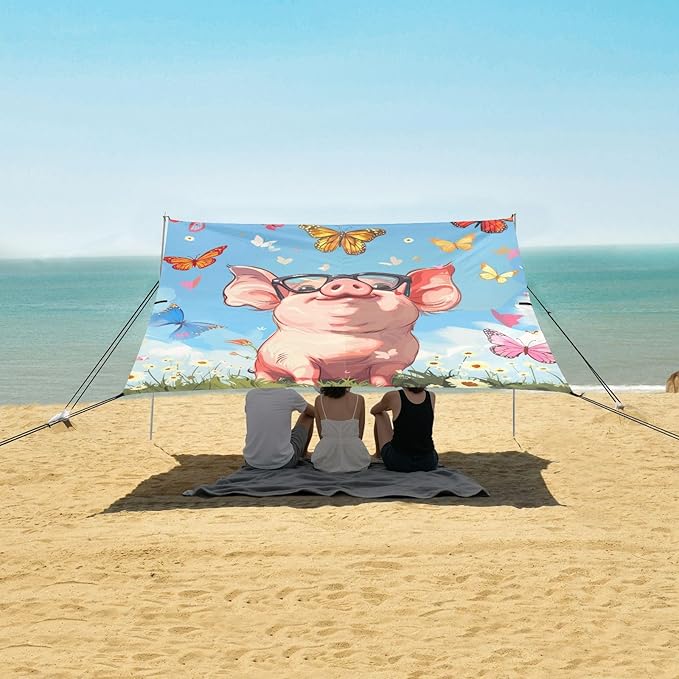 ALAZA Funny Pig Butterflies Beach Tent Sun Shelter Portable Canopy Sunshade for Outdoor Camping Picnics Backyard Fun 10x9 ft