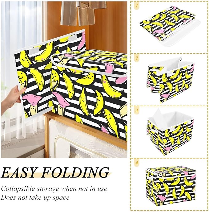 Stripes Pink Yellow Bananas Storage Box with Lid 1 PC Foldable Storage Bin with Lids Stackable Storage Bins Cube Closet Organizer Basket with Flip-Top Lid &amp Handles for Shoes Books Towels