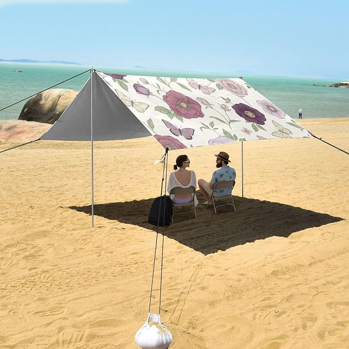 Wildflowers Beach Canopy Sun Shelter with Sandbags &amp Sand Shovel &amp Windproof Ropes - Portable 110x126 Beach Shade Beach Tent for Camping Picnics