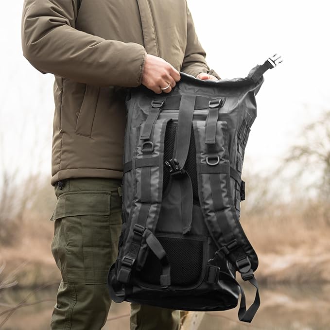 Mil-Tec Unisex 30L Tactical Seals Dry Bag - Secure Rugged Durable Waterproof Outdoor Kayaking Boating Camping Hiking MOLLE Backpack with Adjustable Wide Shoulder Straps &amp Padded Back Black