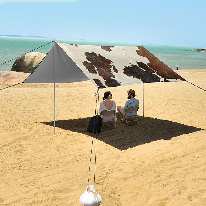 Beach Tent Cow Print Camping Sun Shelter UPF50+UV Protection Easy Setup Portable Shade Tent with 4 Sandbags for Camping Trips Fishing 8.8x9.1 Ft