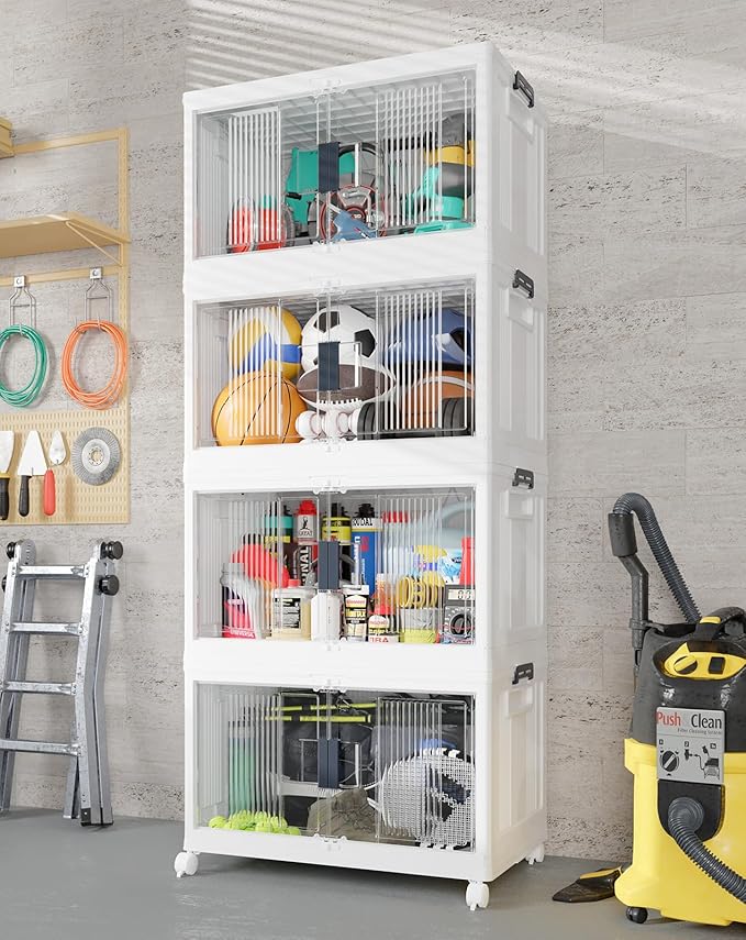 OlarHike 97QT Stackable Storage Bins with Lids - Folding Storage Box with Doors and Wheels Collapsible Plastic Storage Drawers for Closets and Organization Garage Office Cabinet 4 Pack Cubes