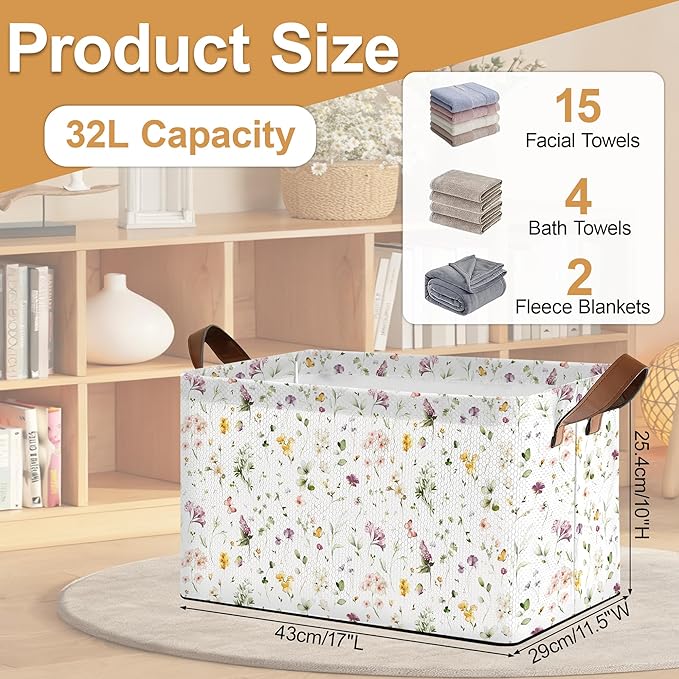 32L Large Storage Bins with Handles Basket Organizer for Shelves Closet Books Laundry &amp Home Decor (Meadow Flower)
