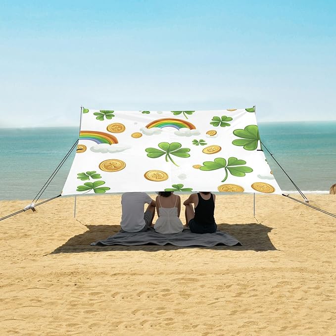 ALAZA St Patrick Day Clover Rainbow Clound Coins Beach Tent Sun Shelter Portable Canopy Sunshade for Outdoor Camping Picnics Backyard Fun 10x9 ft