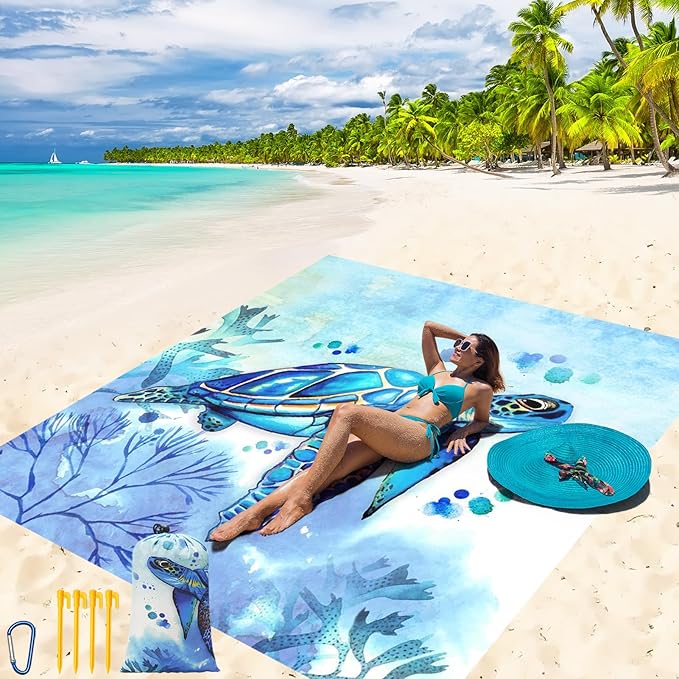 Beach Blanket Waterproof Sandproof Beach Mat 79 X 83/10'x9'for 2-8 Adults Quick Drying Outdoor Picnic Mat Beach Accessories for Travel Camping Hiking