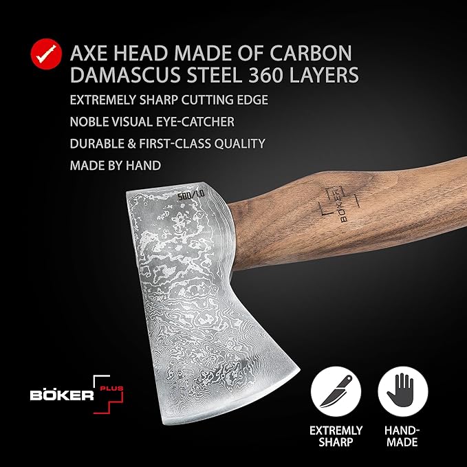 BÖKER PLUS® Appalachian Axe Damascus - Premium - Damascus Blade - with Damascus Head 360 Layers - Bushcraft Camping Hunting Outdoor &amp Survival - with Wooden Handle nut &amp Leather Sheath