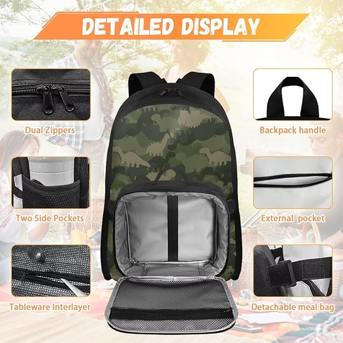 Green Camo Backpack with Lunch Box Dinosaur Bookbag with Adjustable Shoulder Strap Lightweight School Bag for Men Lightweight Satchel Bag for Travel