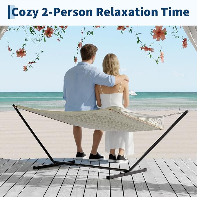 2 Person 12FT Hammocks for Outside Double Quilted Fabric Outdoor Hammock with Spreader Bar Large Removable Pillow Storage Pockets Carabiners Max 450 Lbs Capacity