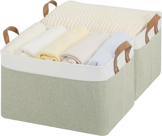 StorageWorks Storage Bins Fabric Storage Bins for Shelves Large Storage Baskets with Metal Frame Closet Baskets and Bins with Handles Green and White 2-Pack