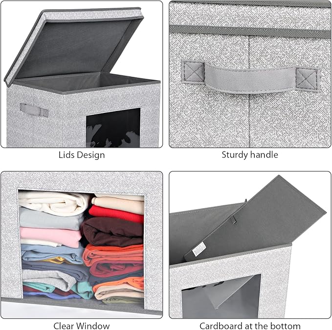 Univivi Foldable Fabric Storage Boxes Large Storage Bins with Lids [4-Pack] Collapsible Storage Cube Organizer Closet &amp Bedroom Organization Containers Home Storage Cube Box (Gray 17“ x 12” x 1