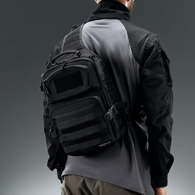 AMHEH 15L 1050D Tactical Sling Bag - Everyday Carry Crossbody Backpack with MOLLE and Concealed Back Pocket Fits 12 Laptop Black
