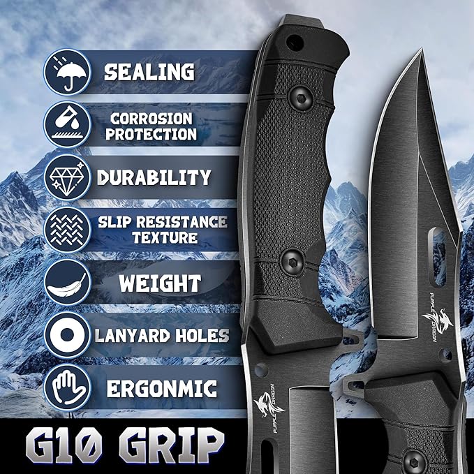 Purple Dragon Fixed Blade Knife with Kydex Sheath D2 Steel Survival Knives Black Camping Knife with Ergonomic G10 Handle Outdoor Knives for Men and Women