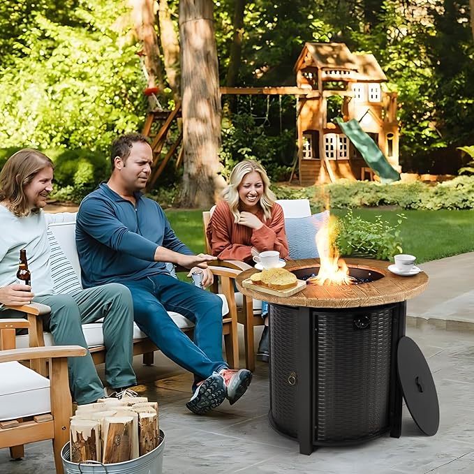 30 Inch Round Propane Fire Pit50000 BTU Iron Gas Firepit with Ignition Systemsw/LidGlass StonesOutdoor Fire Table for Outside PatioDeck-Black