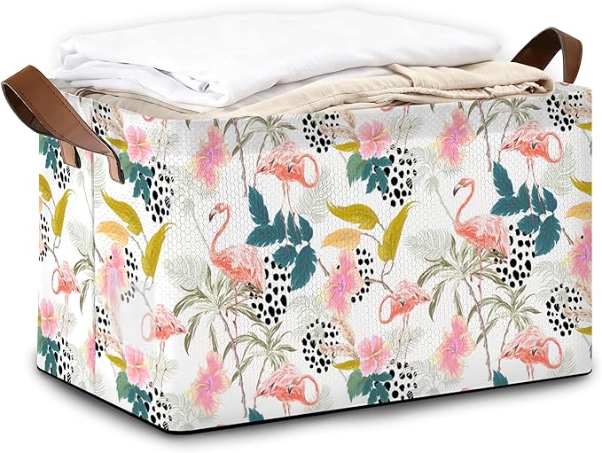 Storage Bin with Handles Forest Pink Flamingo Collapsible Laundry Baskets for Books Laundry - Use in Nursery Closet Organizers and Storage Blanket Basket