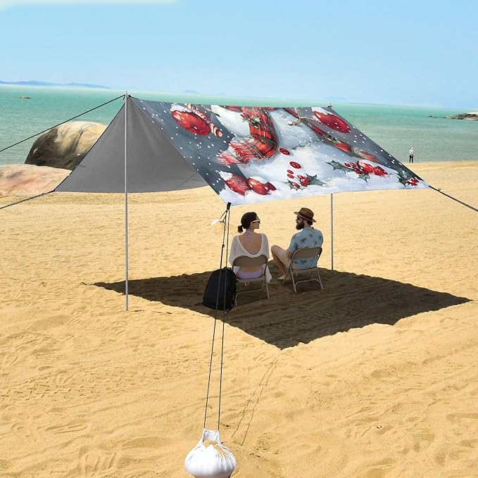 ALAZA Snowman Christmas Candy Beach Tent Sun Shelter UPF50+ Protection Beach Shade Canopy w/ 4 Sandbags for Outdoor Camping Fishing Backyard Fun Picnic 10x9 ft