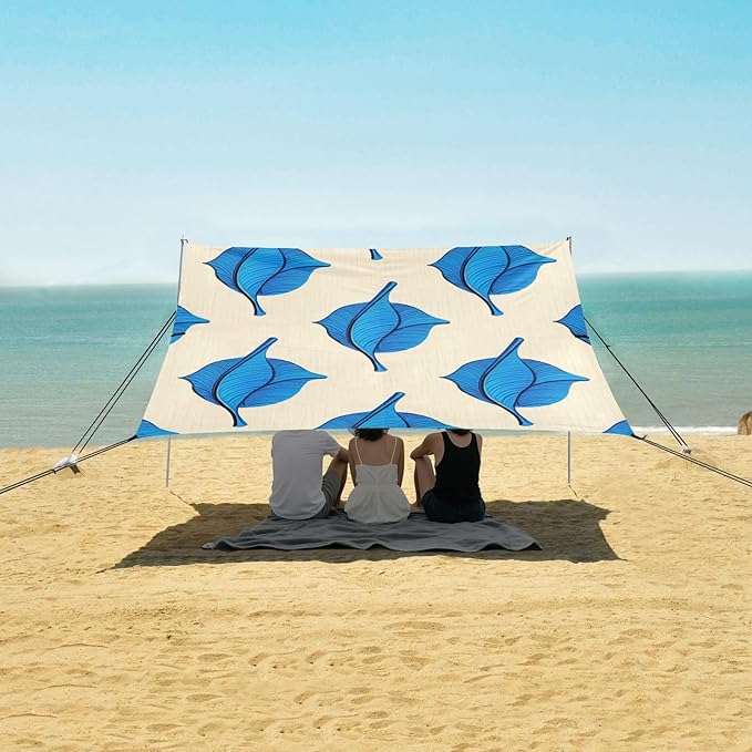 Beach Canopy with Windproof Ropes &amp Sandbags Beach Tent Sun Shade Sun Shelter for Camping Trips Fishing Backyard Fun or Picnics Leaves